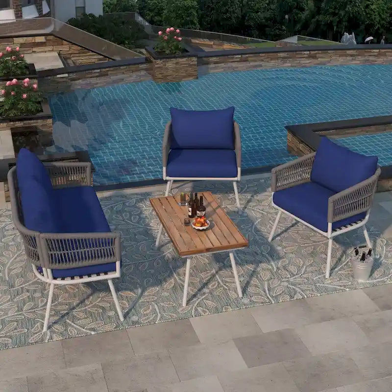 Ensemble de mobilier de jardin 4 pièces, mobilier d'extérieur avec table en bois d'acacia, ensemble de conversation de patio avec coussins