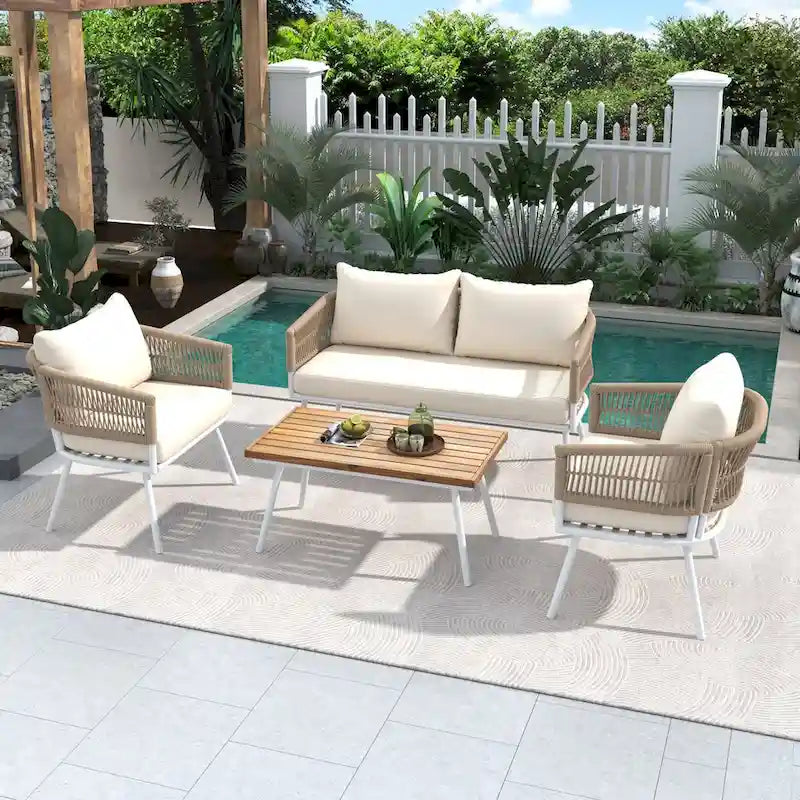 Ensemble de mobilier de jardin 4 pièces, mobilier d'extérieur avec table en bois d'acacia, ensemble de conversation de patio avec coussins