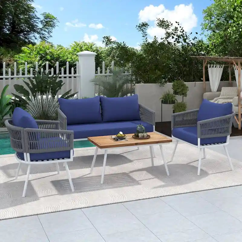 Ensemble de mobilier de jardin 4 pièces, mobilier d'extérieur avec table en bois d'acacia, ensemble de conversation de patio avec coussins