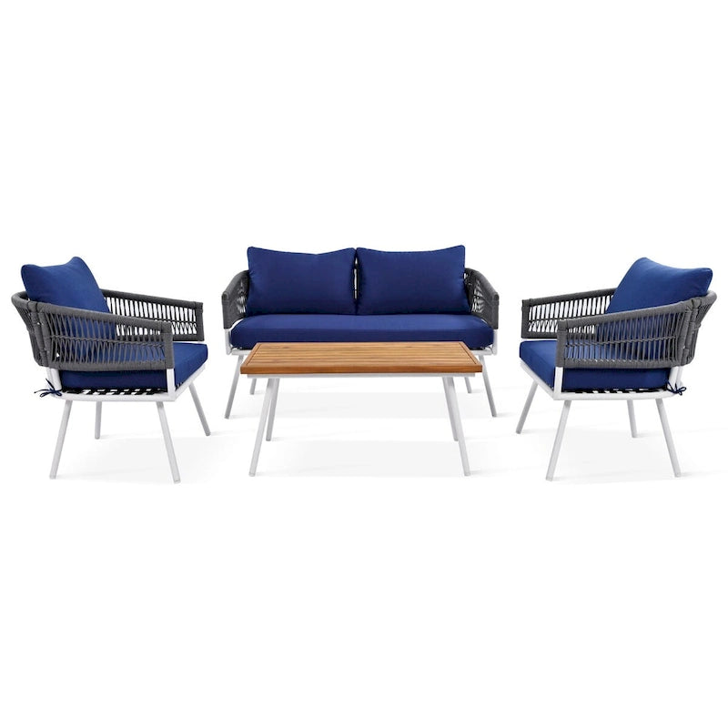 Ensemble de mobilier de jardin 4 pièces, mobilier d'extérieur avec table en bois d'acacia, ensemble de conversation de patio avec coussins