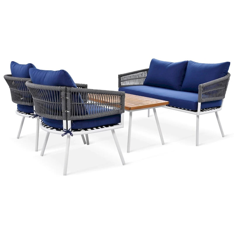 Ensemble de mobilier de jardin 4 pièces, mobilier d'extérieur avec table en bois d'acacia, ensemble de conversation de patio avec coussins