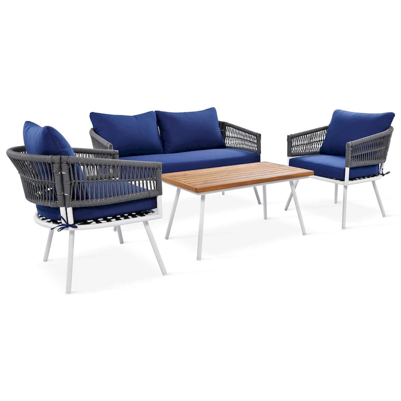 Ensemble de mobilier de jardin 4 pièces, mobilier d'extérieur avec table en bois d'acacia, ensemble de conversation de patio avec coussins