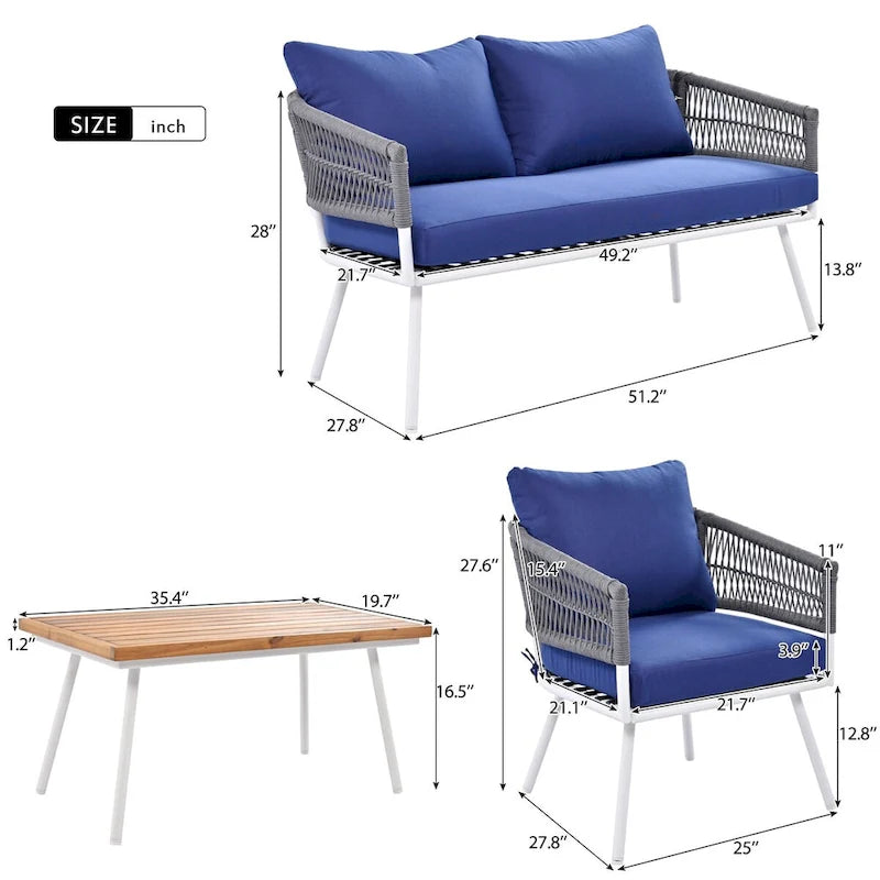 Ensemble de mobilier de jardin 4 pièces, mobilier d'extérieur avec table en bois d'acacia, ensemble de conversation de patio avec coussins