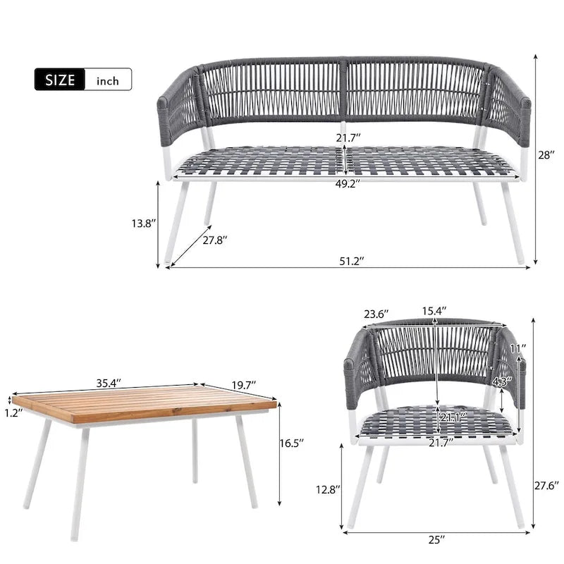 Ensemble de mobilier de jardin 4 pièces, mobilier d'extérieur avec table en bois d'acacia, ensemble de conversation de patio avec coussins