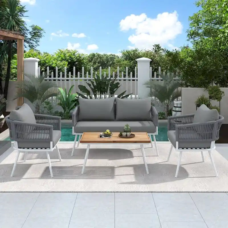 Ensemble de mobilier de jardin 4 pièces, mobilier d'extérieur avec table en bois d'acacia, ensemble de conversation de patio avec coussins