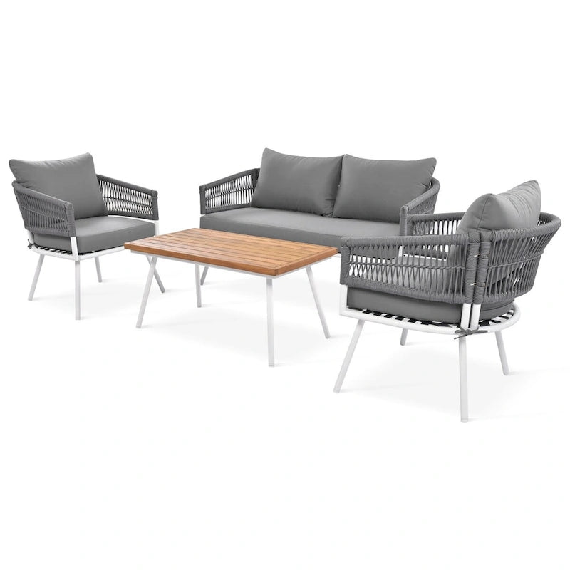 Ensemble de mobilier de jardin 4 pièces, mobilier d'extérieur avec table en bois d'acacia, ensemble de conversation de patio avec coussins