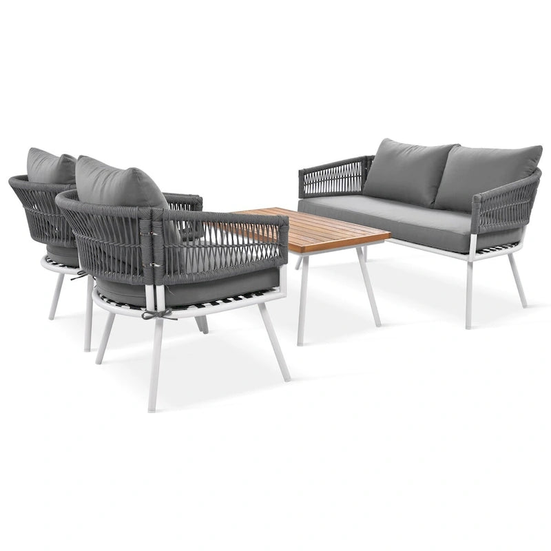 Ensemble de mobilier de jardin 4 pièces, mobilier d'extérieur avec table en bois d'acacia, ensemble de conversation de patio avec coussins