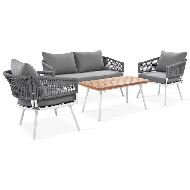Ensemble de mobilier de jardin 4 pièces, mobilier d'extérieur avec table en bois d'acacia, ensemble de conversation de patio avec coussins