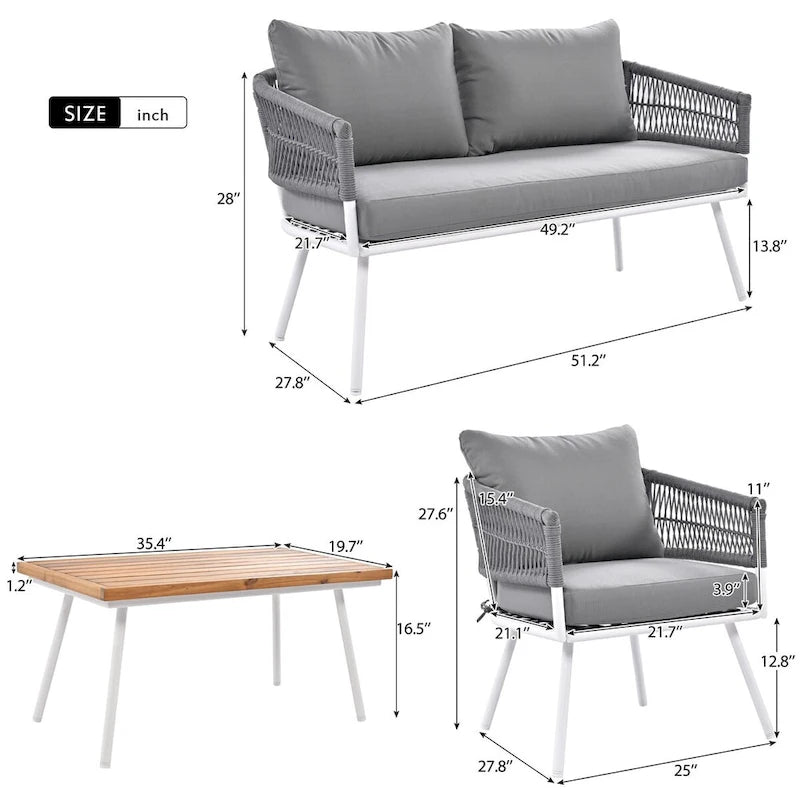 Ensemble de mobilier de jardin 4 pièces, mobilier d'extérieur avec table en bois d'acacia, ensemble de conversation de patio avec coussins