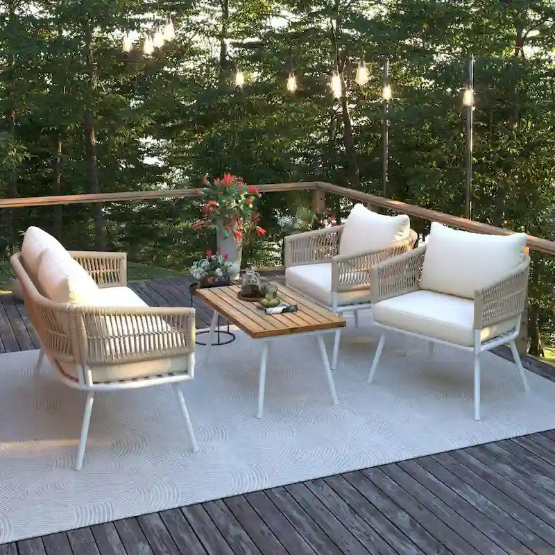 Ensemble de mobilier de jardin 4 pièces, mobilier d'extérieur avec table en bois d'acacia, ensemble de conversation de patio avec coussins