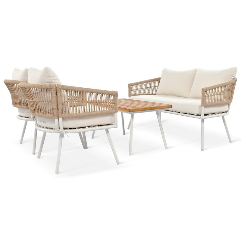 Ensemble de mobilier de jardin 4 pièces, mobilier d'extérieur avec table en bois d'acacia, ensemble de conversation de patio avec coussins