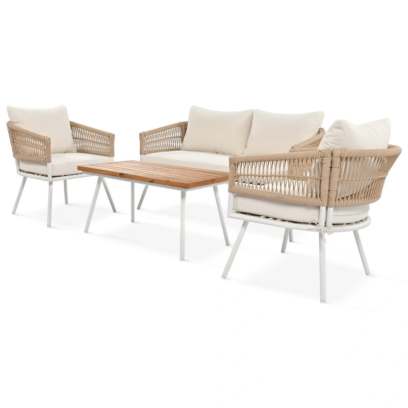 Ensemble de mobilier de jardin 4 pièces, mobilier d'extérieur avec table en bois d'acacia, ensemble de conversation de patio avec coussins