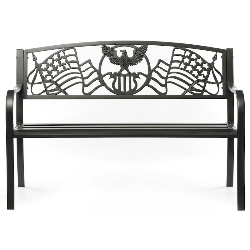 Banc de jardin extérieur en acier avec drapeau américain patriotique en fonte et dossier d'aigle, banc de porche avant