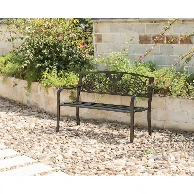 Banc de jardin extérieur en acier avec drapeau américain patriotique en fonte et dossier d'aigle, banc de porche avant