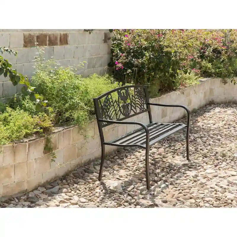 Banc de jardin extérieur en acier avec drapeau américain patriotique en fonte et dossier d'aigle, banc de porche avant