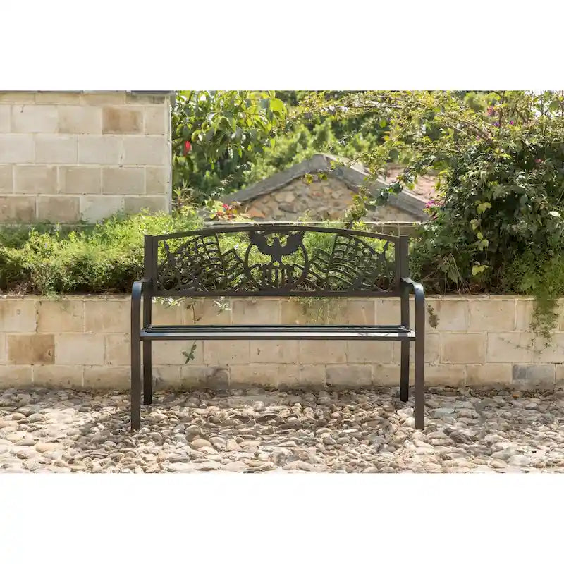 Banc de jardin extérieur en acier avec drapeau américain patriotique en fonte et dossier d'aigle, banc de porche avant