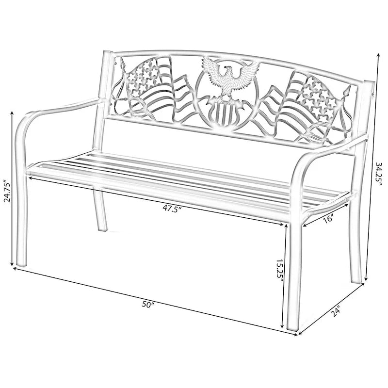 Banc de jardin extérieur en acier avec drapeau américain patriotique en fonte et dossier d'aigle, banc de porche avant