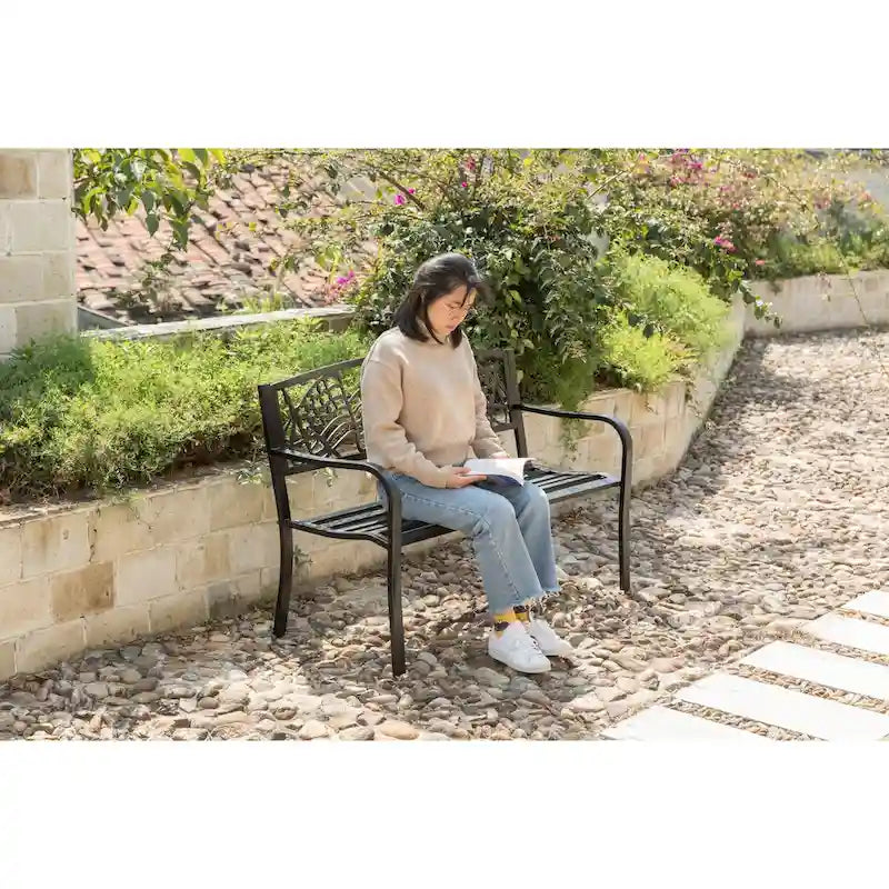Banc de jardin extérieur en acier avec drapeau américain patriotique en fonte et dossier d'aigle, banc de porche avant