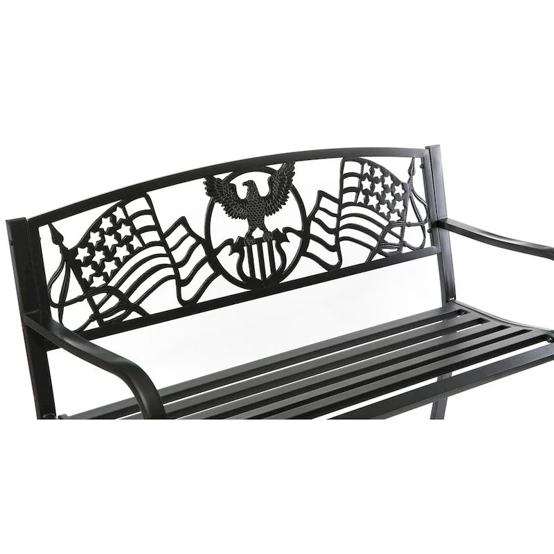 Banc de jardin extérieur en acier avec drapeau américain patriotique en fonte et dossier d'aigle, banc de porche avant