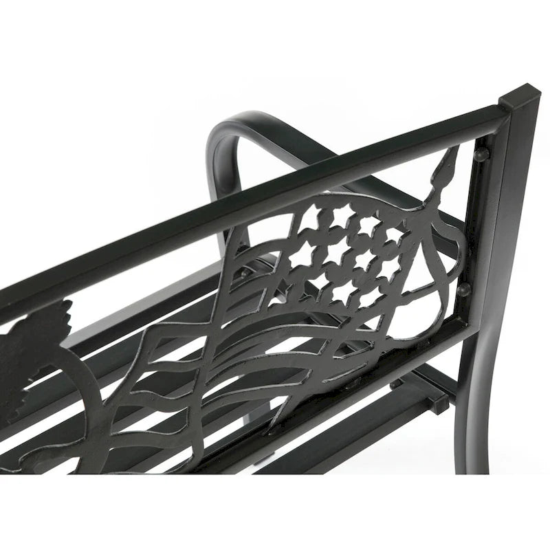 Banc de jardin extérieur en acier avec drapeau américain patriotique en fonte et dossier d'aigle, banc de porche avant