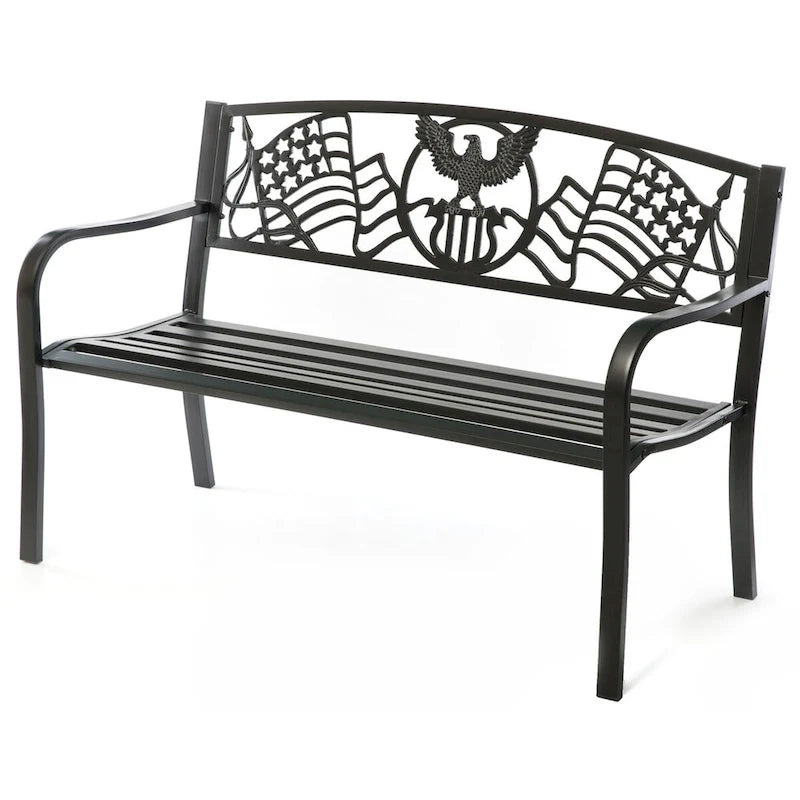 Banc de jardin extérieur en acier avec drapeau américain patriotique en fonte et dossier d'aigle, banc de porche avant