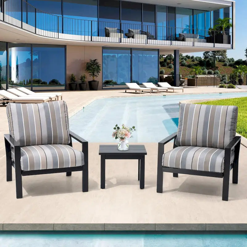 Outdoor 3-piece Cushioned Aluminum Patio Furniture Conversation Set, Sunbrella Cushions, Aluminum Side Table