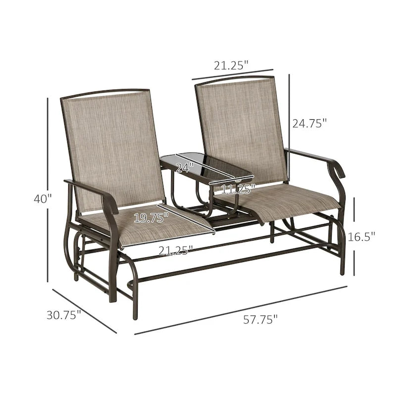 Banc planeur d'extérieur avec table centrale, tissu maillé respirant