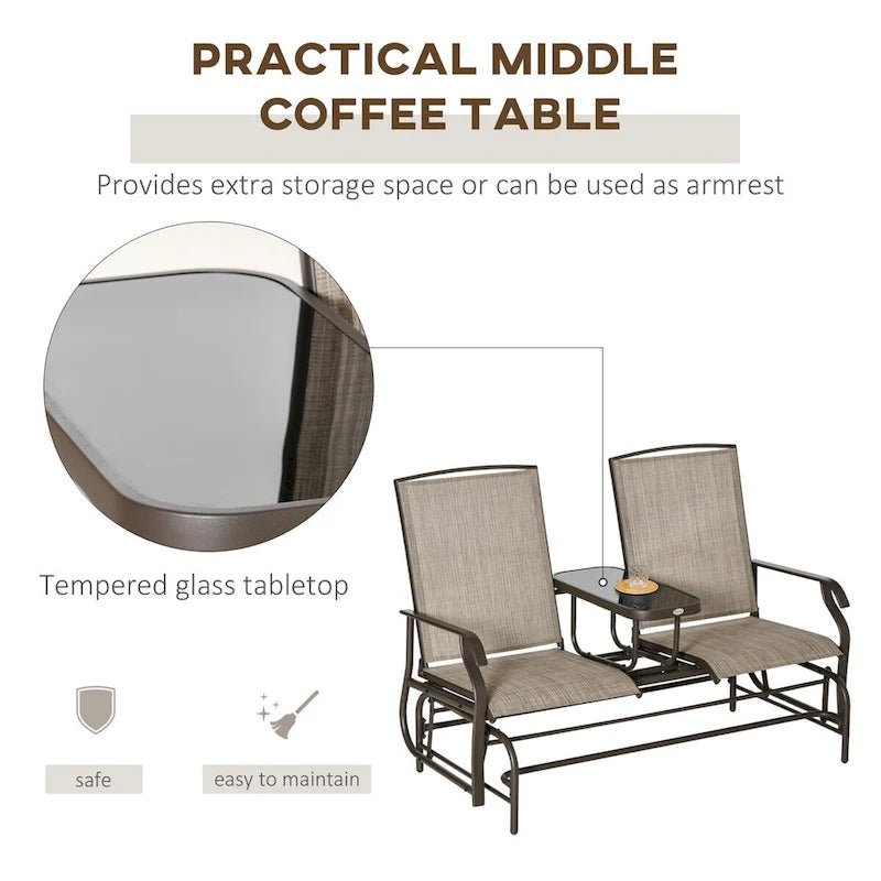Banc planeur d'extérieur avec table centrale, tissu maillé respirant