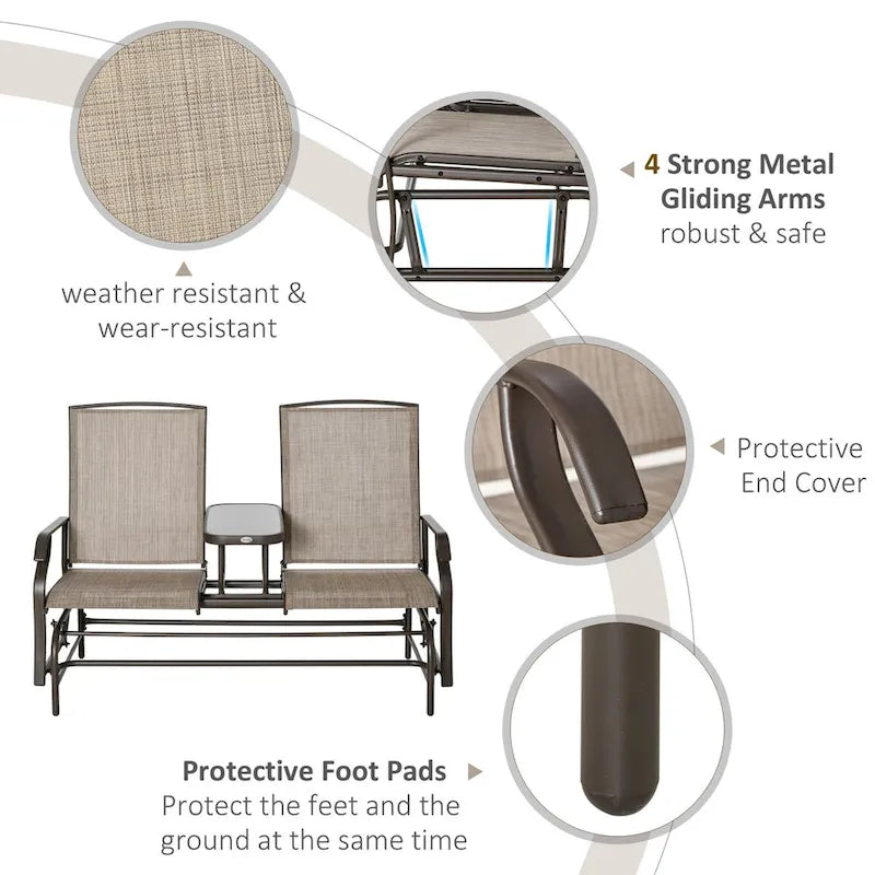 Banc planeur d'extérieur avec table centrale, tissu maillé respirant