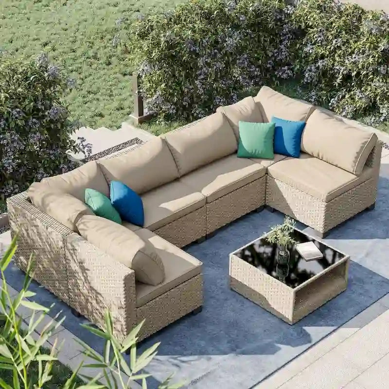 Canapé d'angle de terrasse 7 pièces avec coussins épais résistants à l'eau