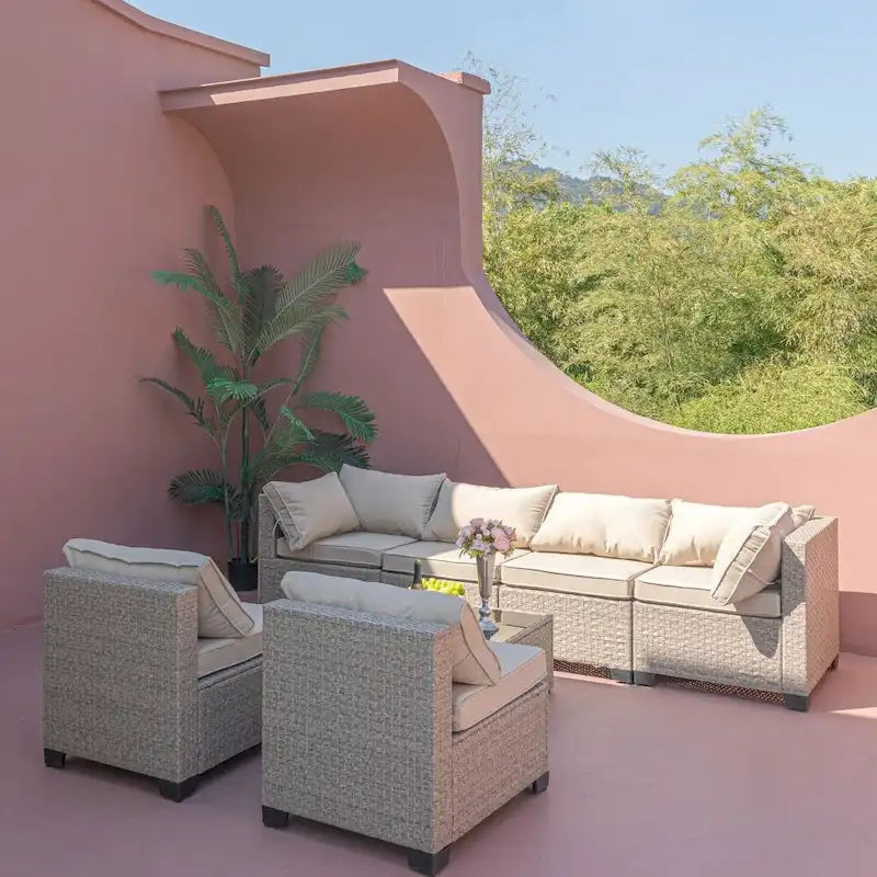 Canapé d'angle de terrasse 7 pièces avec coussins épais résistants à l'eau