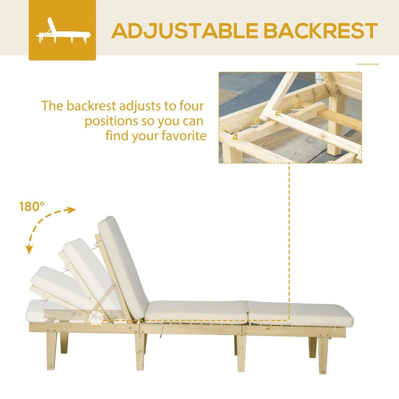 Chaise longue d'extérieur, chaise inclinable de patio avec dossier réglable à 4 positions et coussin