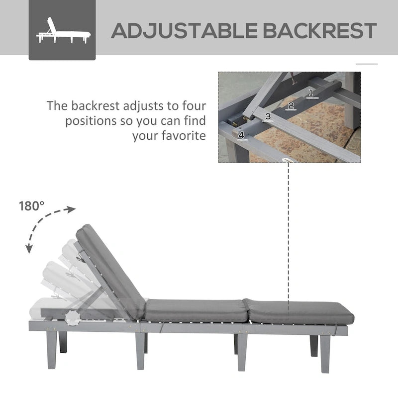 Chaise longue d'extérieur, chaise inclinable de patio avec dossier réglable à 4 positions et coussin