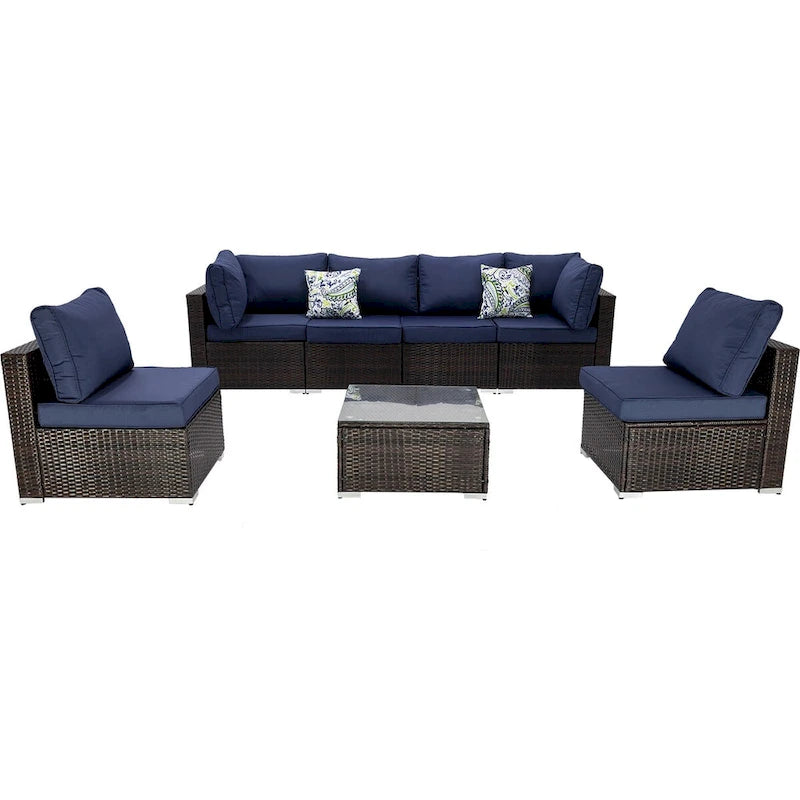 Ensemble sectionnel d'extérieur en osier marron 7 pièces avec coussins et table basse