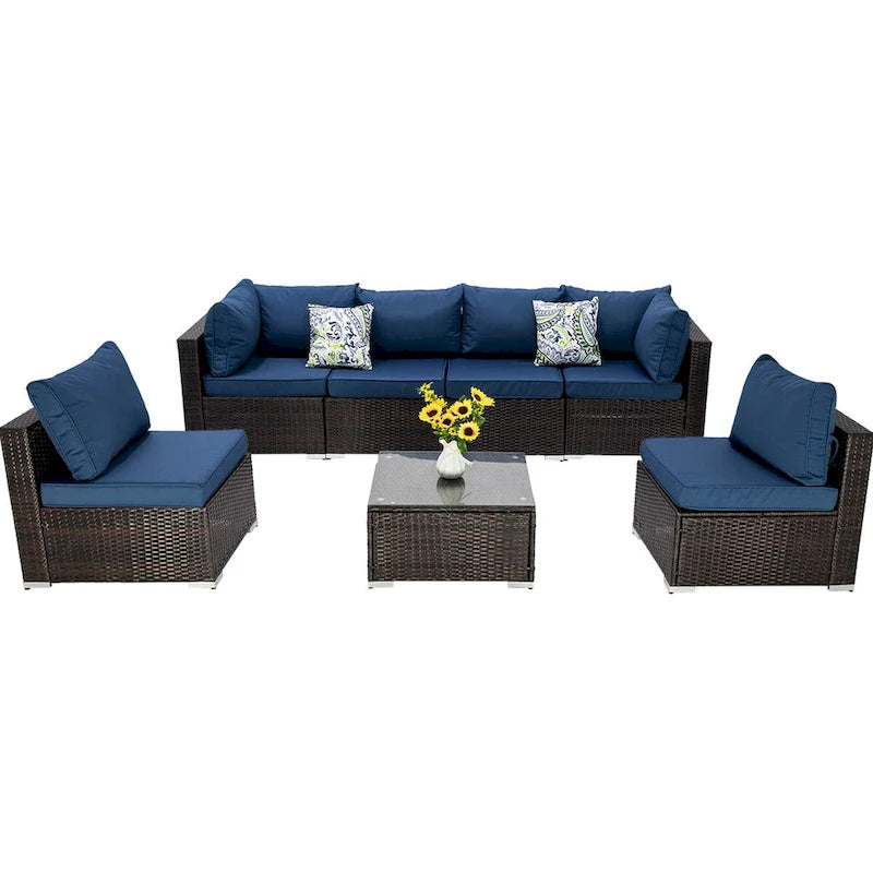 Ensemble sectionnel d'extérieur en osier marron 7 pièces avec coussins et table basse
