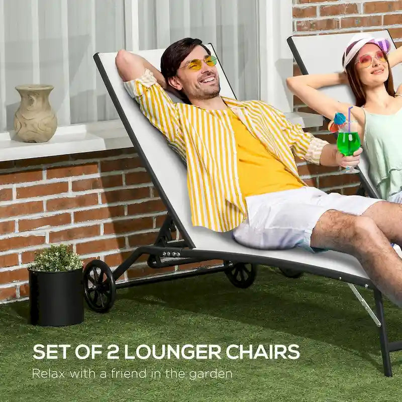Lot de 2 chaises longues d'extérieur avec roulettes, 5 positions réglables