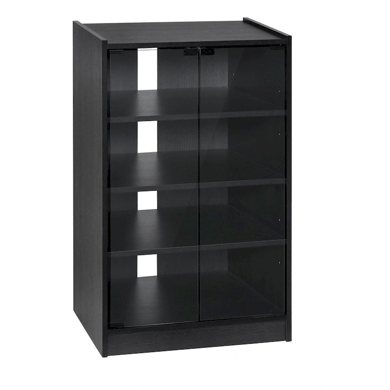 Meuble TV à 5 niveaux avec étagères réglables sur 3 positions, portes en verre trempé et gestion des câbles, noir vieilli