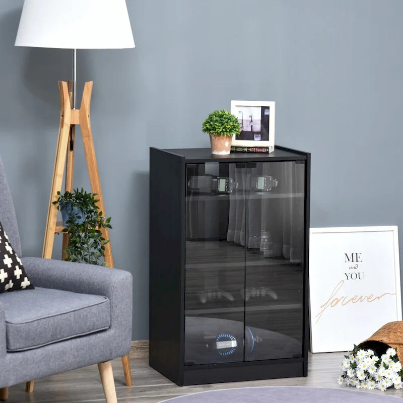 Meuble TV à 5 niveaux avec étagères réglables sur 3 positions, portes en verre trempé et gestion des câbles, noir vieilli
