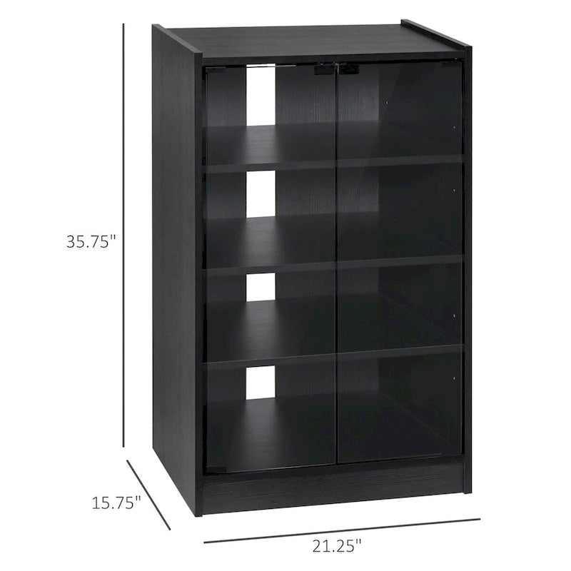 Meuble TV à 5 niveaux avec étagères réglables sur 3 positions, portes en verre trempé et gestion des câbles, noir vieilli