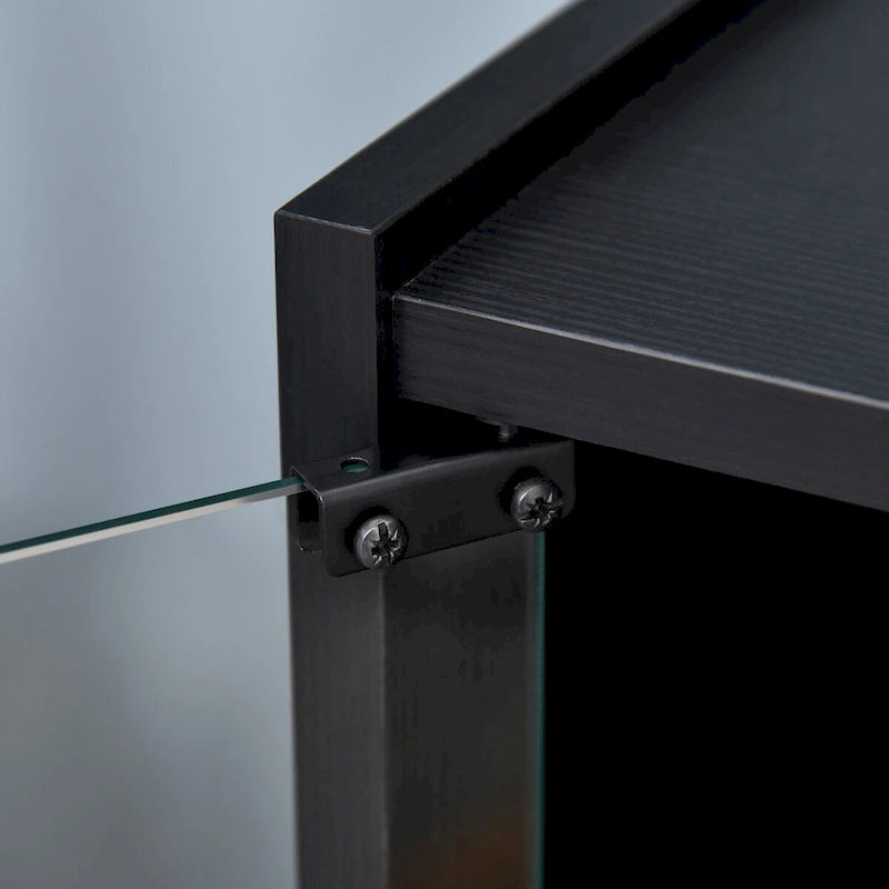 Meuble TV à 5 niveaux avec étagères réglables sur 3 positions, portes en verre trempé et gestion des câbles, noir vieilli