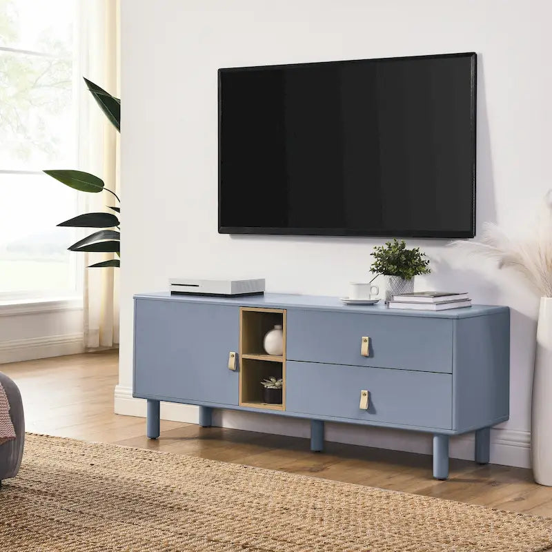 Meuble TV à tiroirs avec porte, armoire de rangement, commode, commode en bois avec poignée en cuir