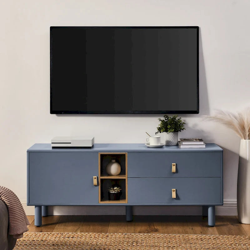 Meuble TV à tiroirs avec porte, armoire de rangement, commode, commode en bois avec poignée en cuir