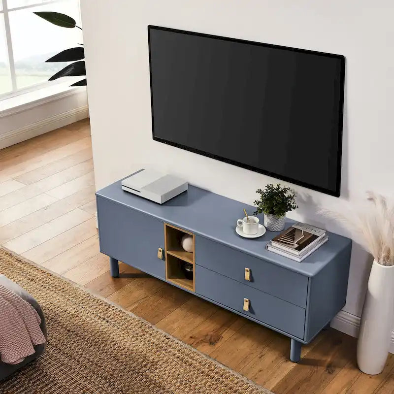 Meuble TV à tiroirs avec porte, armoire de rangement, commode, commode en bois avec poignée en cuir