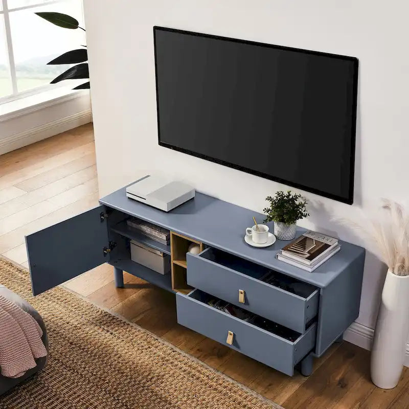 Meuble TV à tiroirs avec porte, armoire de rangement, commode, commode en bois avec poignée en cuir