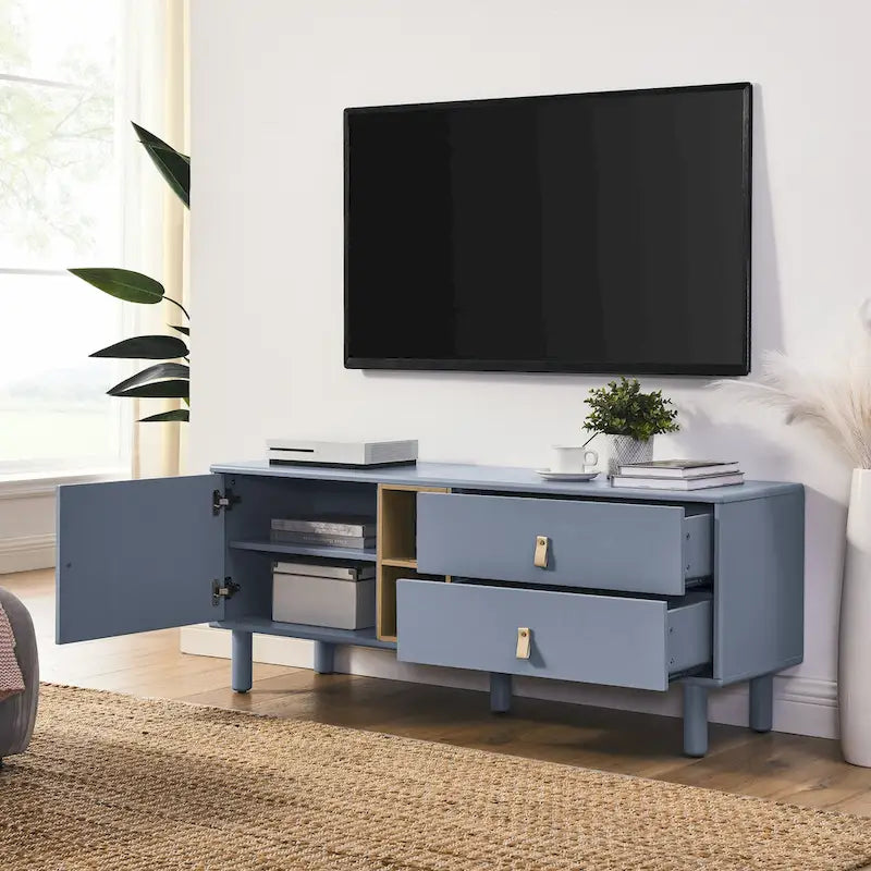 Meuble TV à tiroirs avec porte, armoire de rangement, commode, commode en bois avec poignée en cuir