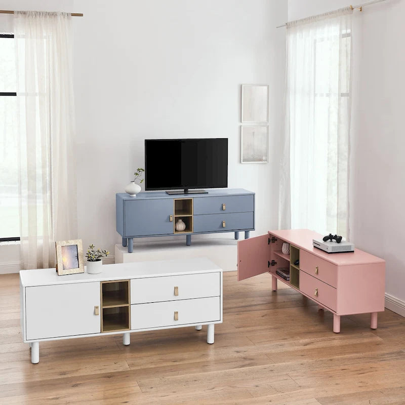 Meuble TV à tiroirs avec porte, armoire de rangement, commode, commode en bois avec poignée en cuir