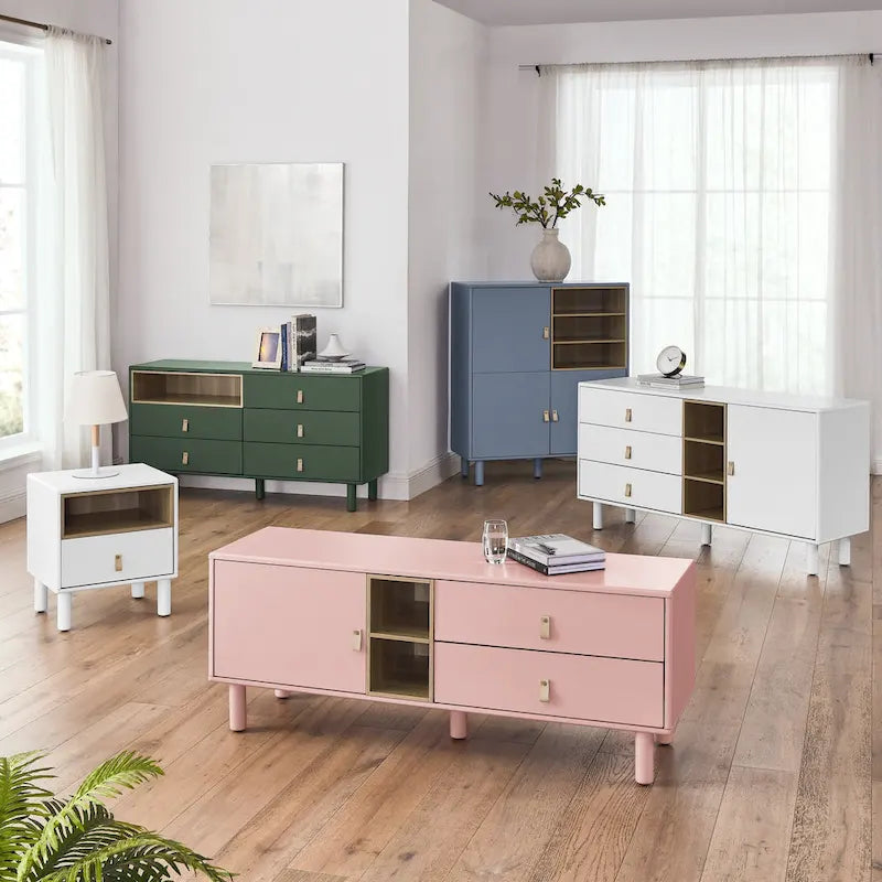 Meuble TV à tiroirs avec porte, armoire de rangement, commode, commode en bois avec poignée en cuir