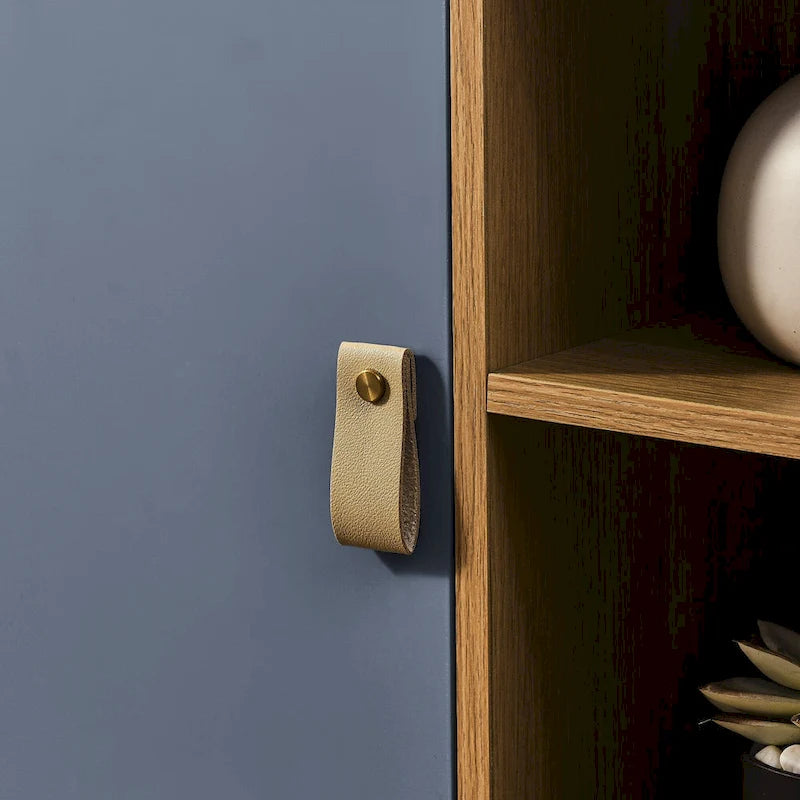 Meuble TV à tiroirs avec porte, armoire de rangement, commode, commode en bois avec poignée en cuir