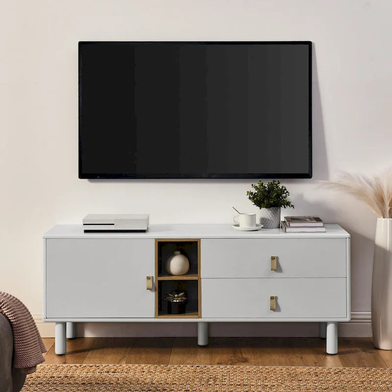 Meuble TV à tiroirs avec porte, armoire de rangement, commode, commode en bois avec poignée en cuir