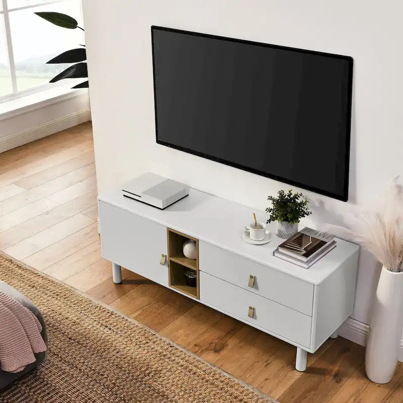 Meuble TV à tiroirs avec porte, armoire de rangement, commode, commode en bois avec poignée en cuir